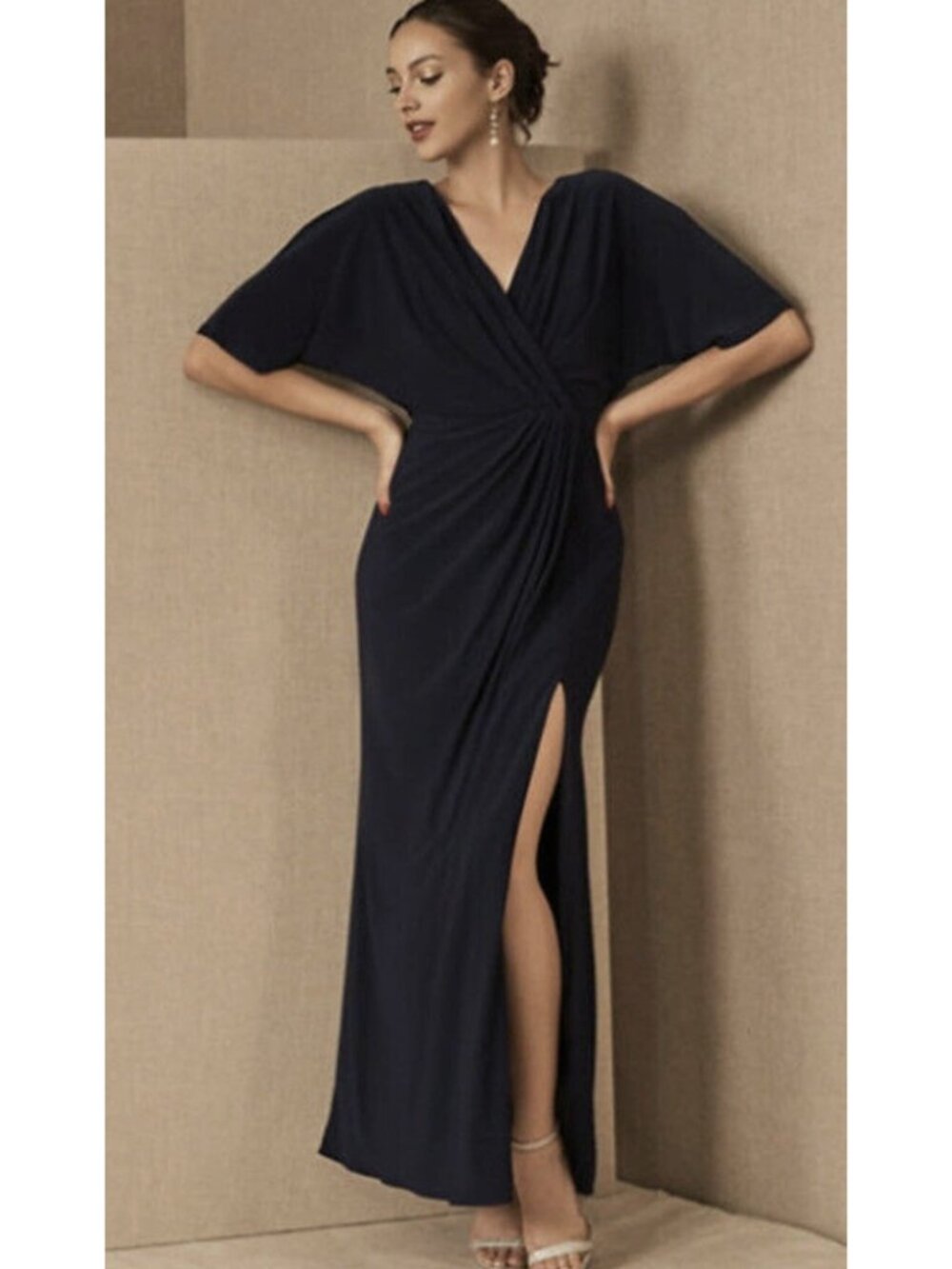 BHLDN Thorton Jersey V Neck Gathered Maxi Dress Black US 4 Evening Cocktail
